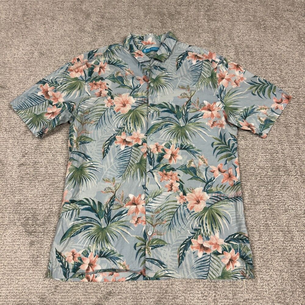 Tori Richard Shirt Mens Medium Tropical Floral Hawaiian Cotton Blue Pink Resort